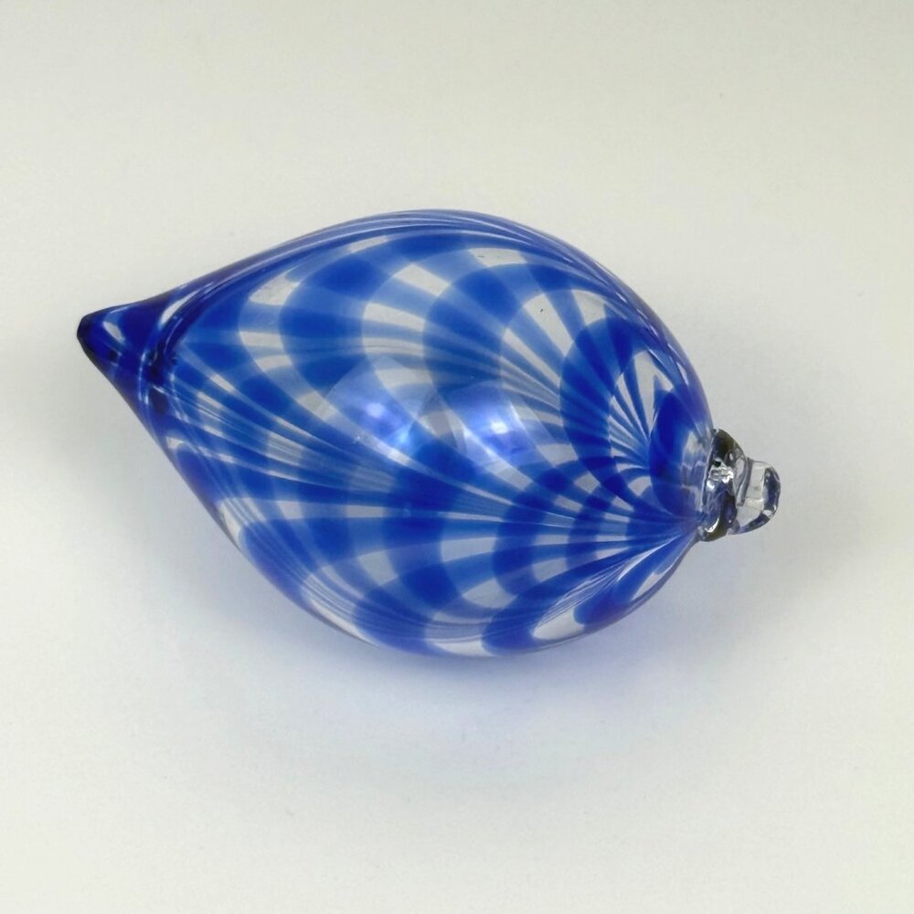 Handblown Art Glass Ornament Decor Blue/Clear Swirl Pattern Teardrop Shape